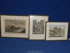 Three framed coloured Etchings: House in Water Gate St. Chester, date 1652 by J. Romney, Bridge St.