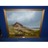 A framed Oil on board depicting a Seascape with a young boy going fishing,