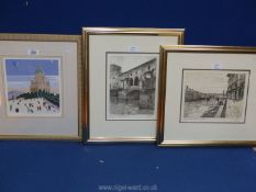 Two pencil signed etchings of Florence and a Christmas print signed 'Chas'.