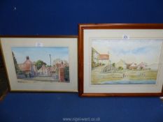 A framed and mounted Watercolour depicting a Seascape with figures and houses titled "Low tide",