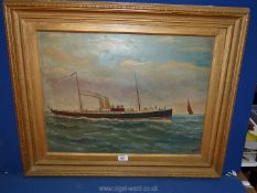 A large Oil on board depicting a steam ship, gilt frame, initialled J.