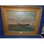 A large Oil on board depicting a steam ship, gilt frame, initialled J.