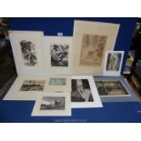 Nine unframed 20th Century pencil signed wood engravings and prints.