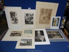 Nine unframed 20th Century pencil signed wood engravings and prints.