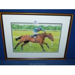 A framed and mounted coloured crayon drawing of a Race Horse,