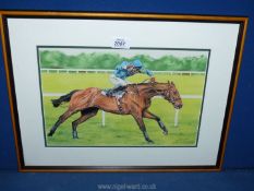 A framed and mounted coloured crayon drawing of a Race Horse,