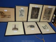 A pair of Reginald Smallridge etchings of Porlock and Dunster together with five others.
