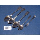 Three Silver Teaspoons, Exeter 1835, makers William Woodman, a Sheffield silver 1928 pickle fork,