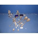 Two EPNS Kings Pattern berry spoons, miscellaneous plated teaspoons, sugar tongs,