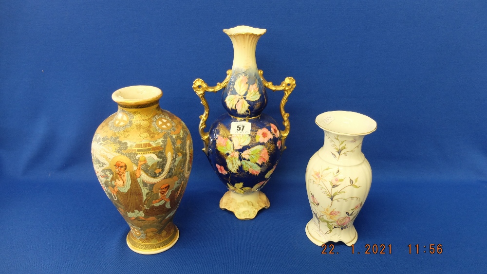 An oriental vase and a two handled vase plus another