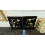 Two oriental wooden panels and landscape print