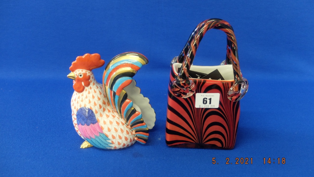 A Herend Cockerl and a studio art glass 'Handbag'