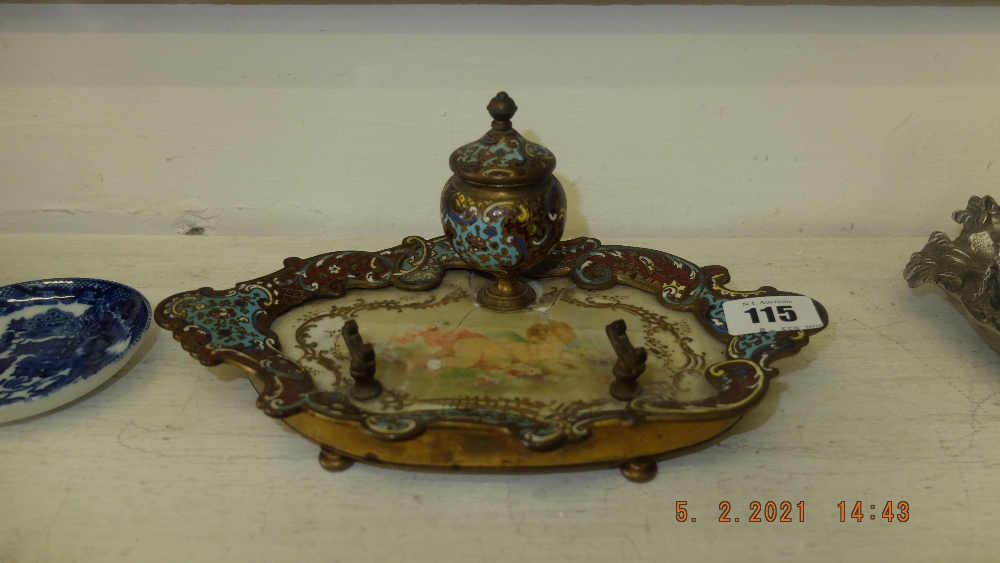 A gilt framed enamel ink stand,