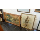 A watercolour of a man strolling on beach dated 1942 and a print of Native American in Canoe