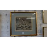 A framed etching of a child with toys dated 86