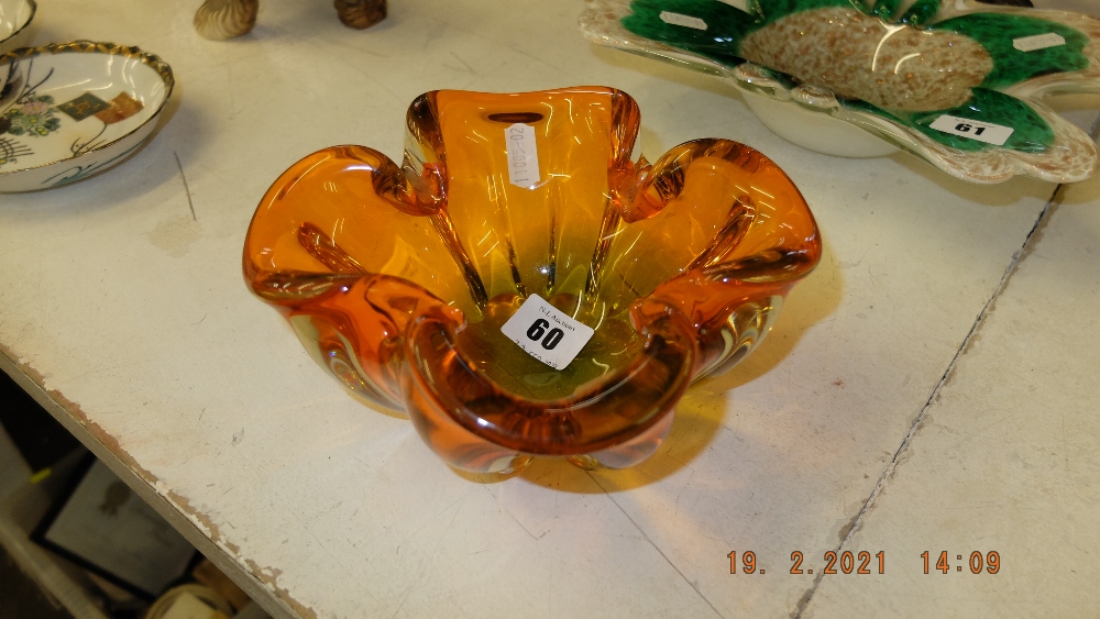 A vintage 1970's Orange and Green heavy glass ashtray and a Murano bowl