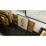 A watercolour of a man strolling on beach dated 1942 and a print of Native American in Canoe