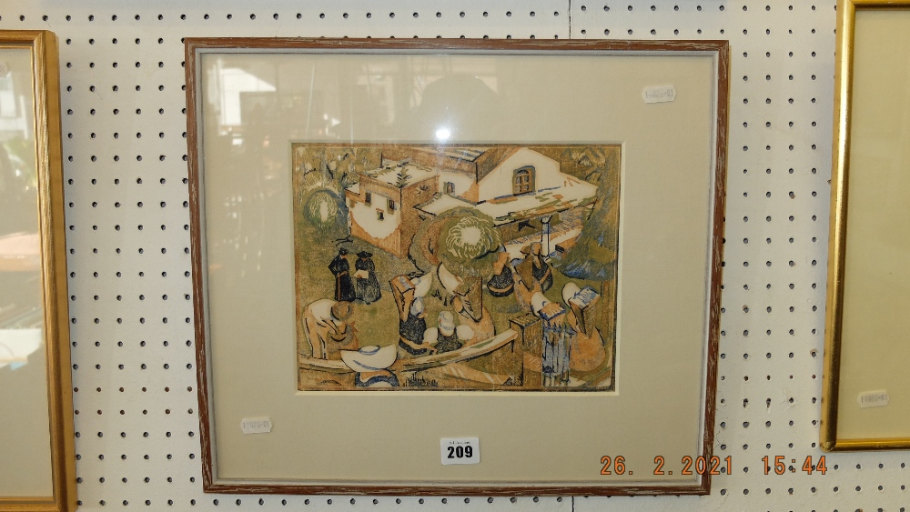 An early 20th century framed and glazed colour woodcut