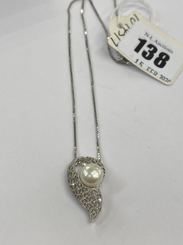 A 9ct white gold diamond pearl set pendant on chain - Image 3 of 7