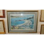 A framed and glazed print, Cornish harbour,