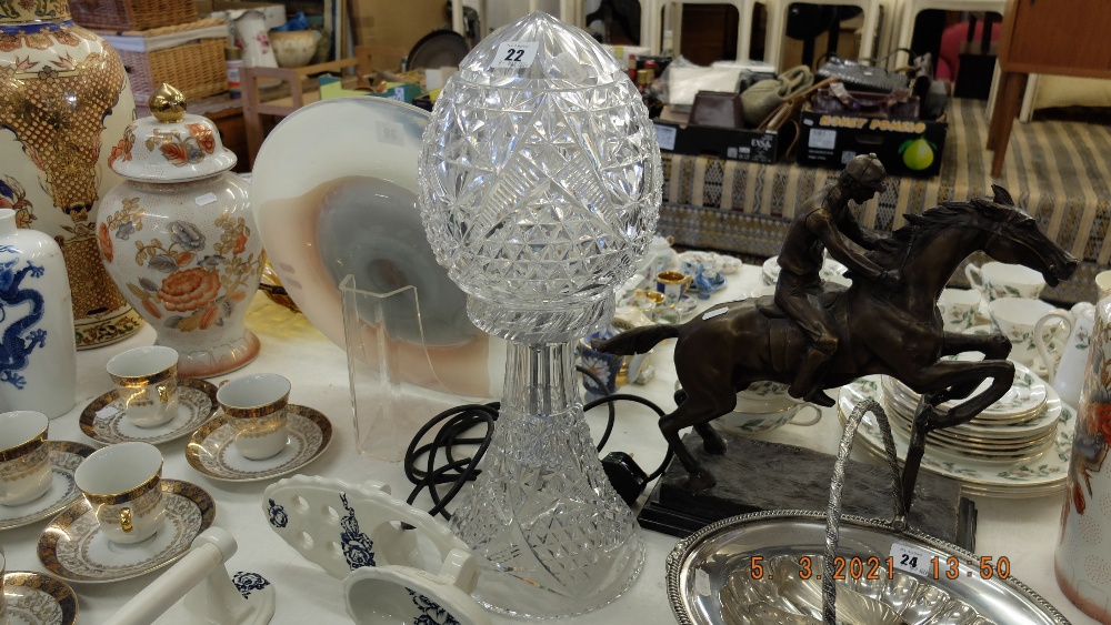 A very heavy cut glass table lamp,