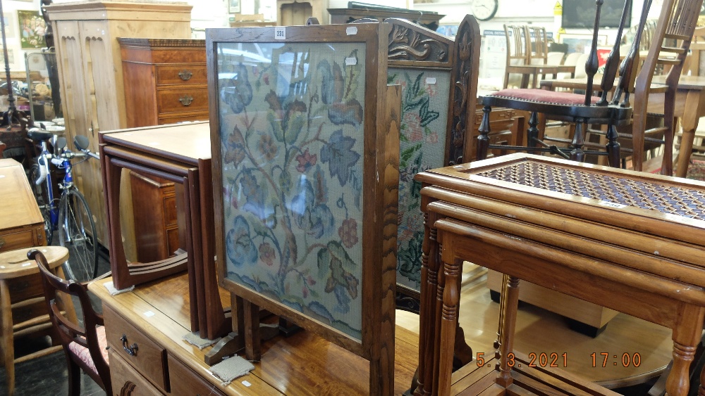 Two oak tapestry fire screens