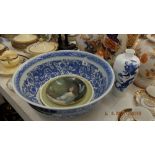 A large blue and white bowl,