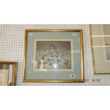 A framed etching of a child with toys dated 86