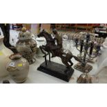 A bronze Racehorse/ Jockey statue,