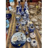 A large qty of assorted blue and white china