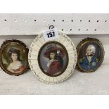 Three handpainted miniature portraits on porcelain