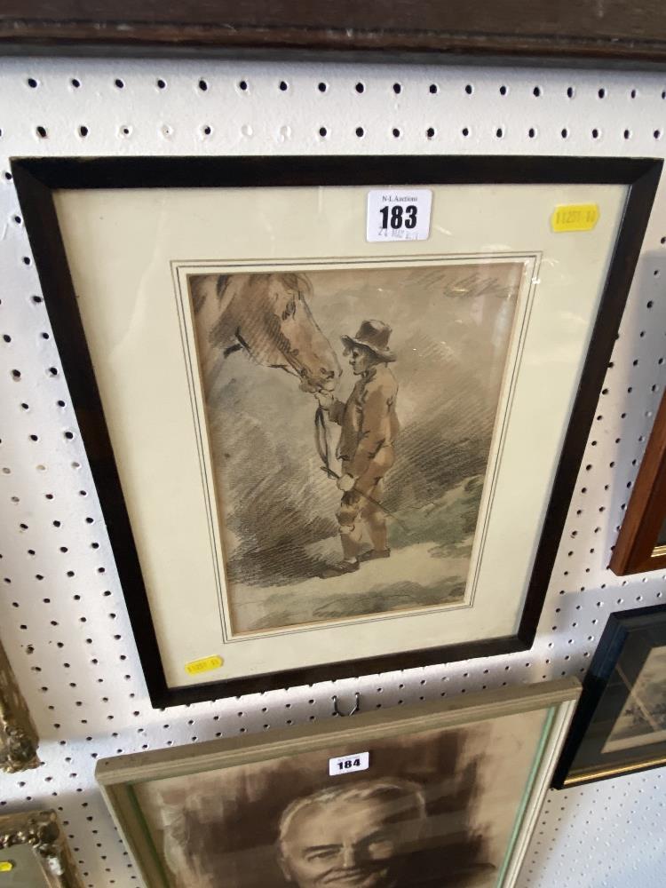 A framed and glazed print of a man and Horse