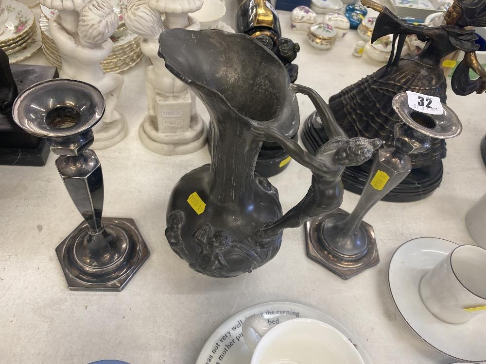 A Pewter decorative jug and candlesticks - Image 2 of 2