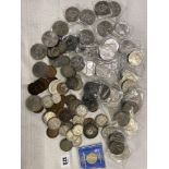 A large qty of coins; 42 commemorative crowns, five Churchill coins, half crowns, Victorian crowns,