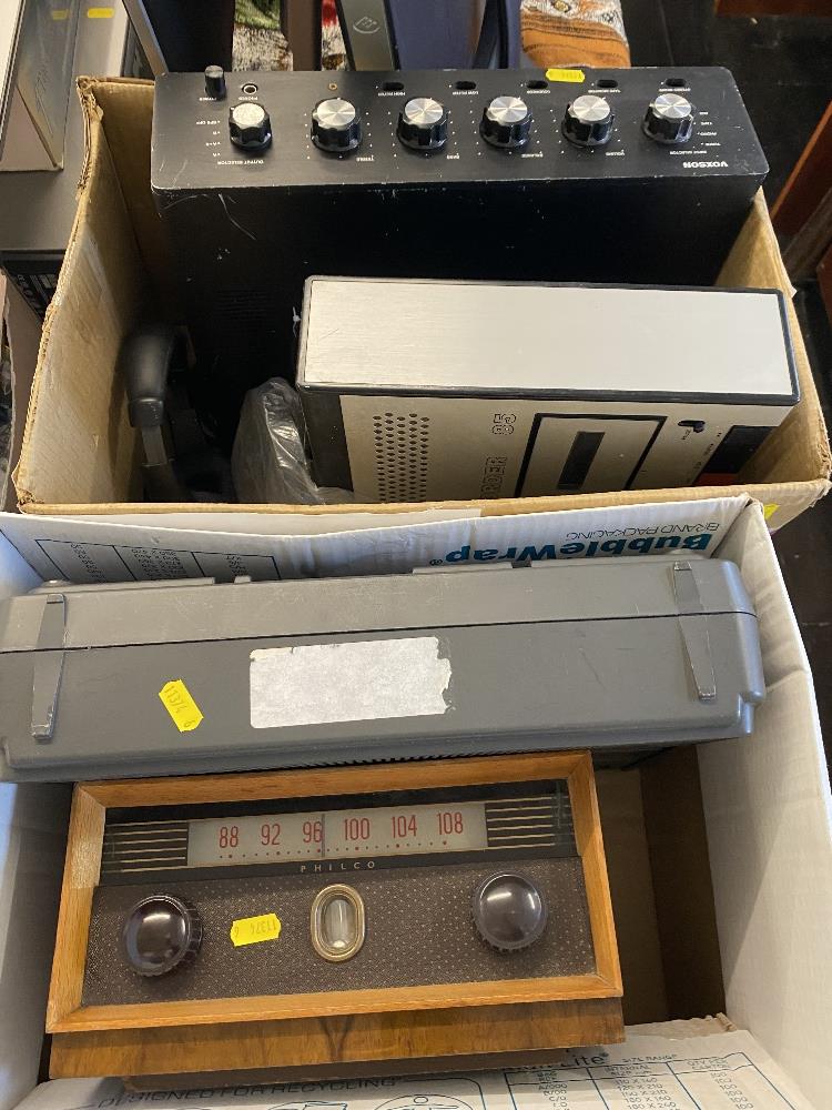 Two boxes of vintage Hi-Fi equipment, headphones etc,