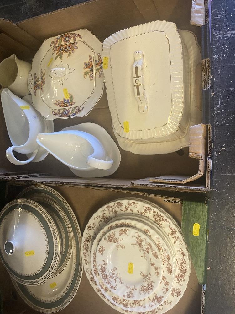 Two boxes; Minton plates and Crown Ducal dinner service etc.