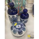 Three signed blue and white pots,
