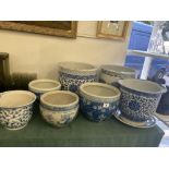 A qty of blue and white Chinese planters, bowls etc.