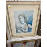 A framed watercolour, portrait of a lady and child,