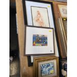 A set of four miniature Lowry style prints and an erotic print