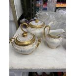 Three pieces of white and gold Mintons, teapot, sugar bowl and milk jug,