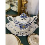 Blue and white lidded tureen on stand