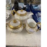 Three pieces of white and gold Mintons, teapot (has hairline inside),