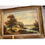 Gilt framed oil on canvas, Dutch landscape with figure, signed H.