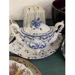 Blue and white lidded tureen on stand