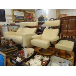 1980's White leather two seater recliner plus chair and stool