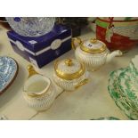 Three pieces of white and gold Mintons, teapot (has hairline inside),