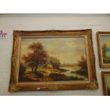 Gilt framed oil on canvas, Dutch landscape with figure, signed H.