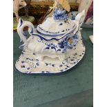 Blue and white lidded tureen on stand