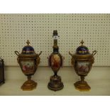A Sevres porcelain lamp and two urns